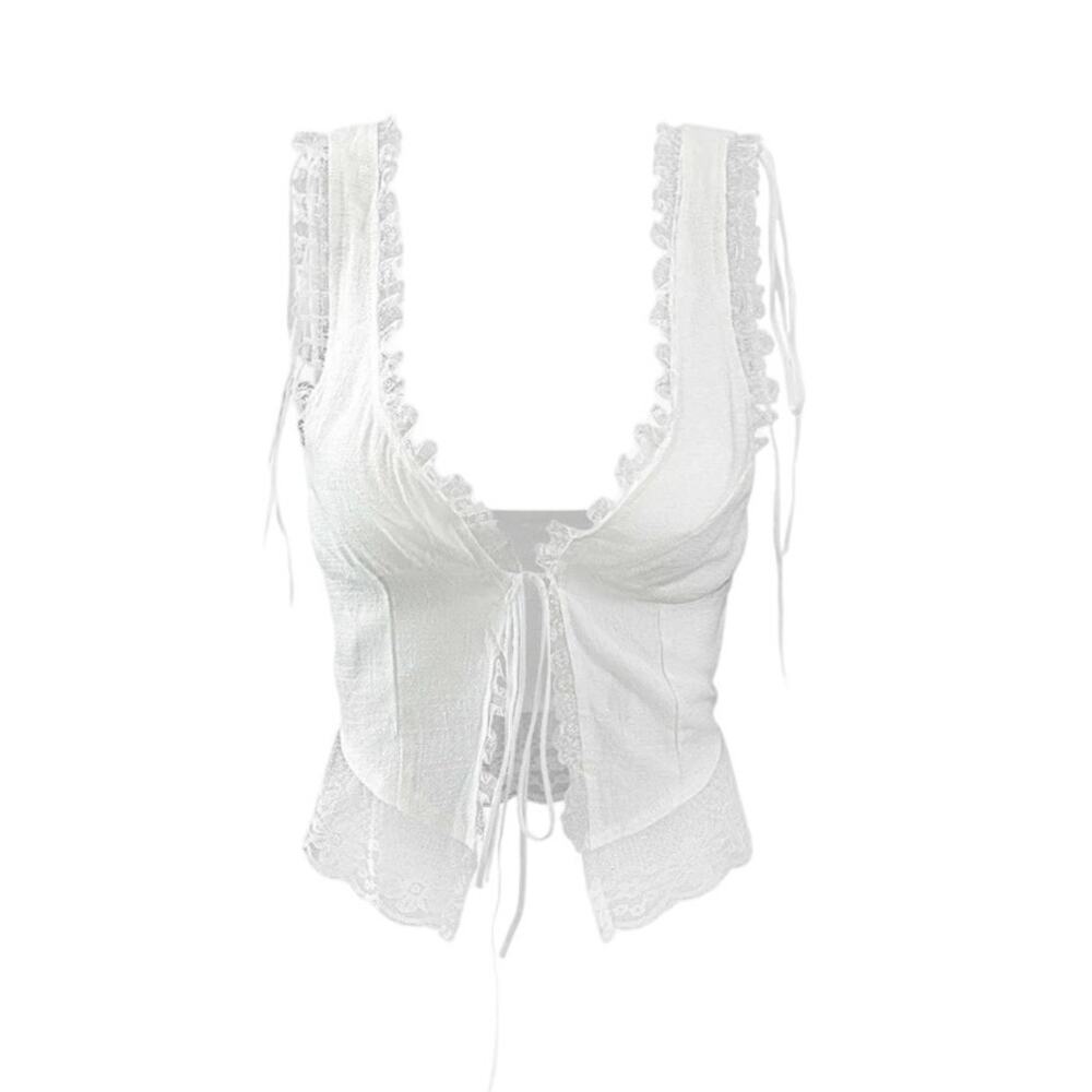 Micas Women's Small White Lace Floral Trim Tie Front Summer Lightweight Tank Top - Picture 6 of 11